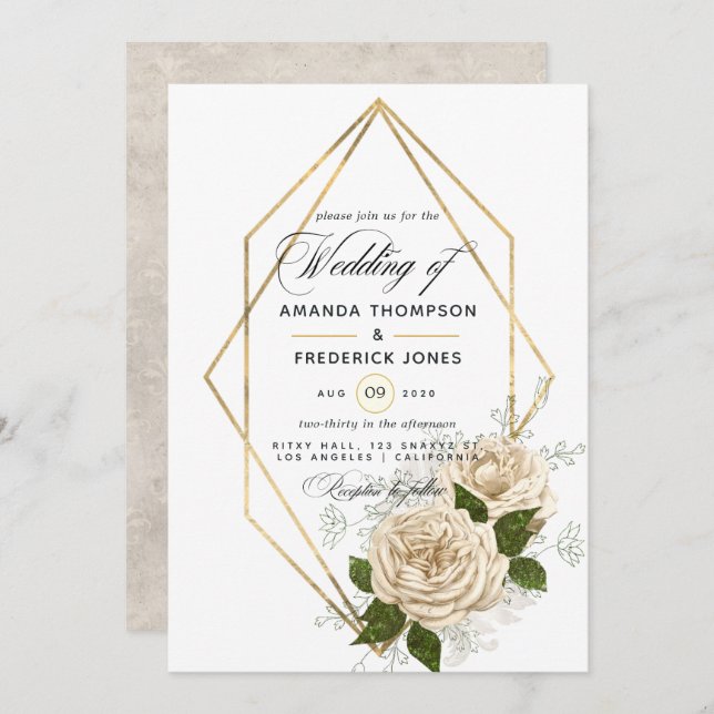 Invitation Ivory Floral Polygonal Rustique Mariage (Devant / Derrière)