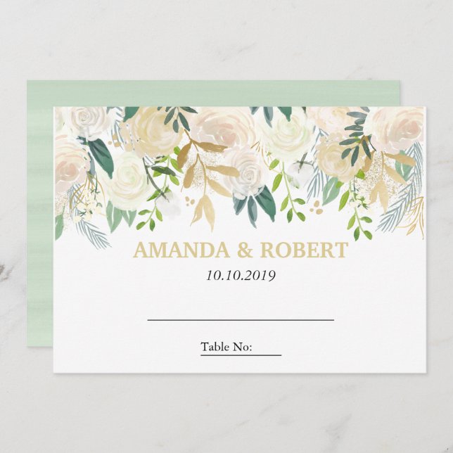 Invitation Ivory Floral Rose mariage Table Place MINT (Devant / Derrière)