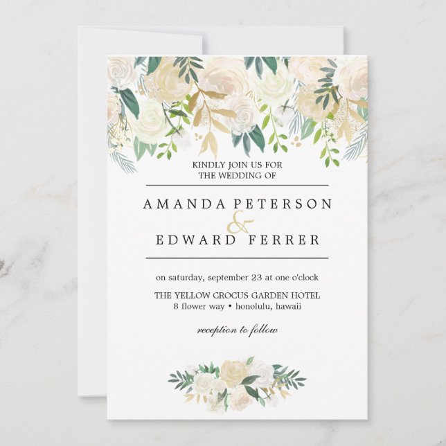 Invitation Ivory Floral Rose verdure mariage rose vif (Devant)
