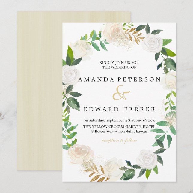 Invitation Ivory Floral Roses couronne mariage rose roux (Devant / Derrière)