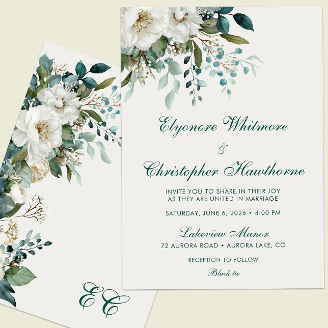 Invitation Ivory Forest Teal Script Floral Wedding (Créateur téléchargé)