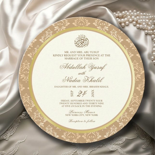 Invitation Ivory & Gold Damask Elegance mariage islamique ron (Créateur téléchargé)