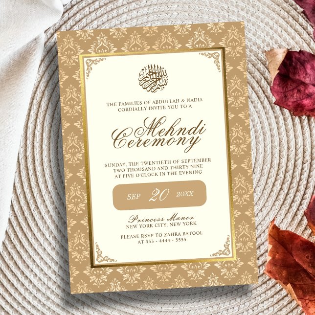 Invitation Ivory & Gold Damask Elegance Mariage musulman Mehn (Créateur téléchargé)