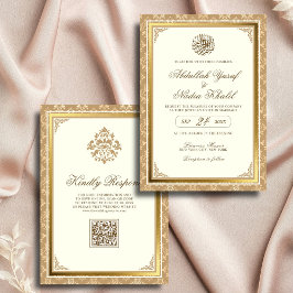Invitation Ivory Gold Damask Elegance QR Code Mariage musulma