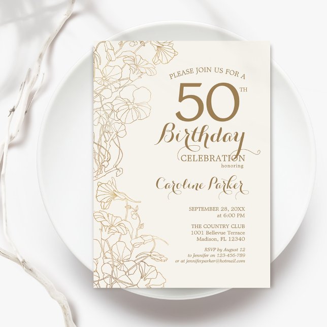 Invitation Ivory Gold Floral 50e fête d'anniversaire (Créateur téléchargé)