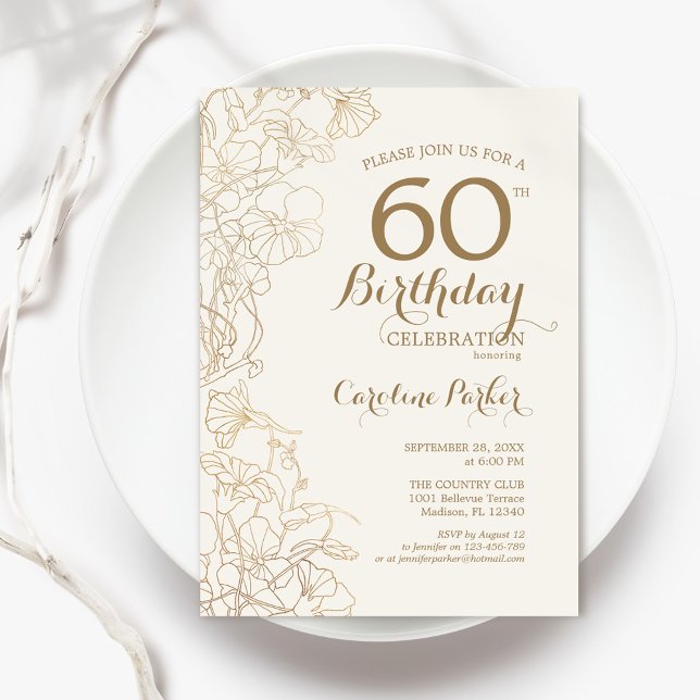 Invitation Ivory Gold Floral 60e fête d'anniversaire (Créateur téléchargé)