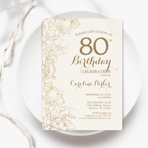 Invitation Ivory Gold Floral 80e fête d'anniversaire