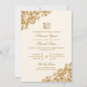 Invitation Ivory Gold Lace Floral Nikah Islam Mariage Musulma