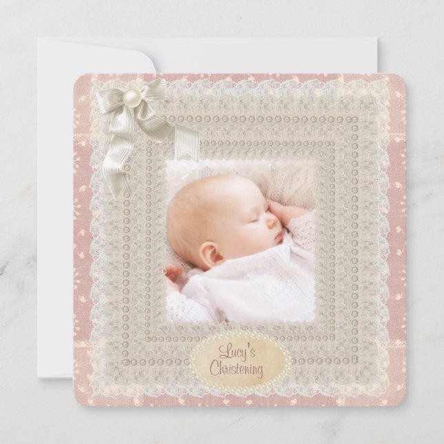 Invitation Ivory Lace Pink Pearl Girls Pink Photo Christening (Devant)