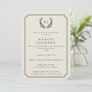 Invitation Ivory Monogram Laurel Wreath Graduation