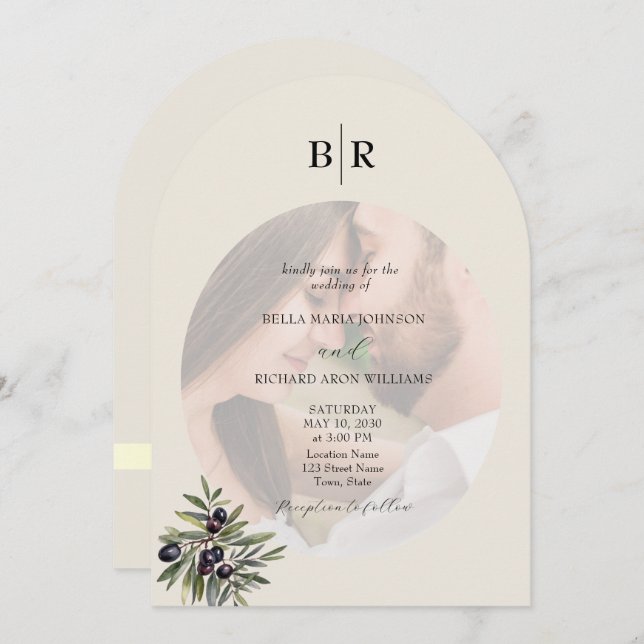 Invitation Ivory Olive Arched Photo Monogram Wedding (Devant / Derrière)