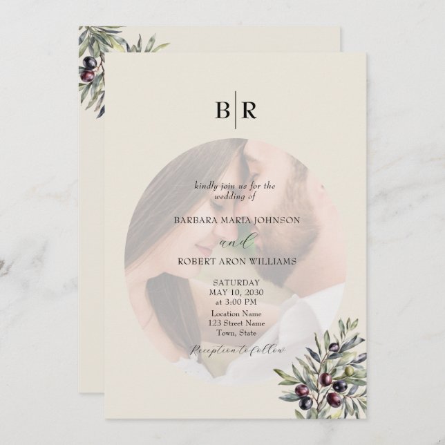 Invitation Ivory Olive Photo Monogram Wedding (Devant / Derrière)