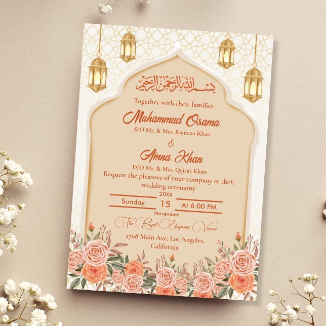 Invitation Ivory Peach Floral musulman Mariage (Créateur téléchargé)