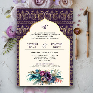 Invitation Ivory Purple Peacock Anand Karaj Sikh Mariage