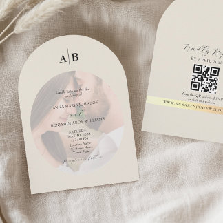 Invitation Ivory QR Code and Monogram Photo Wedding