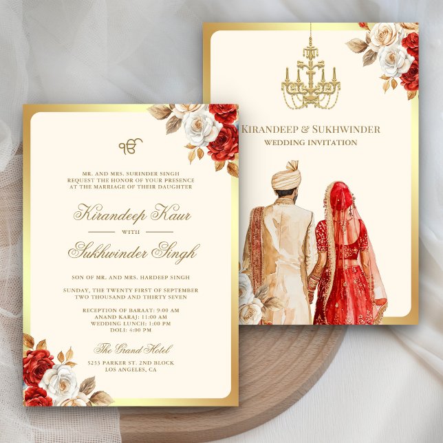 Invitation Ivory Red Roses Floral Anand Karaj Sikh Mariage (Créateur téléchargé)