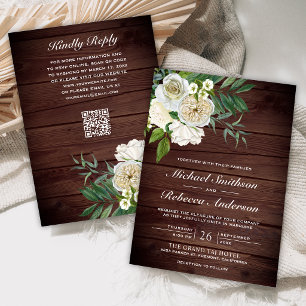 Invitation Ivory Roses Fleurale Grange Bois Code QR Mariage