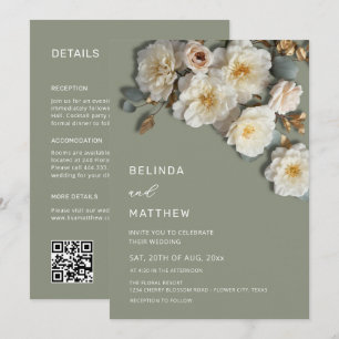 Invitation Ivory Roses Fleurs 3D Sage Vert Tout-En-Un