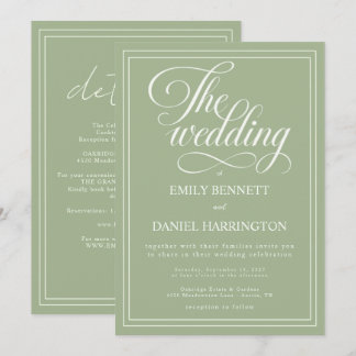 Invitation Ivory Sage Green Élégante Calligraphie Mariage
