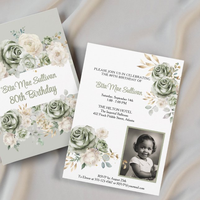 Invitation Ivory Sage vert Roses Floral 80e anniversaire Phot (Créateur téléchargé)