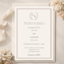 Invitation Ivory taupe wreath monogram luxury wedding 