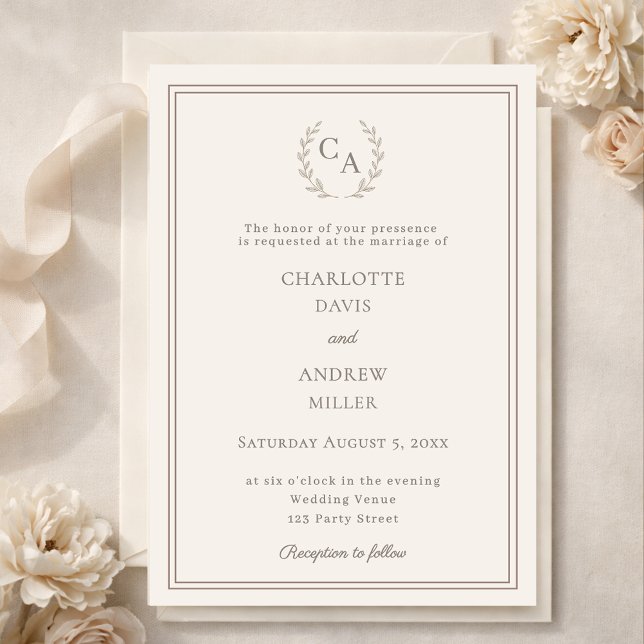Invitation Ivory taupe wreath monogram simple wedding  (Créateur téléchargé)