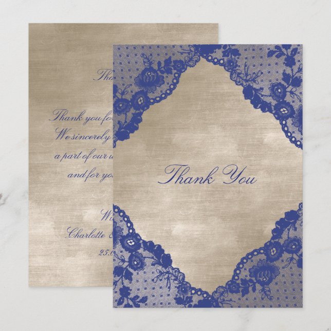 Invitation Ivory Velvet Royal Blue Navy Merci en dentelle (Devant / Derrière)