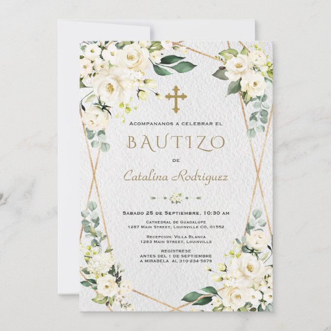 Invitation Ivory White Floral Espagnol Invitacion De Bautizo (Devant)