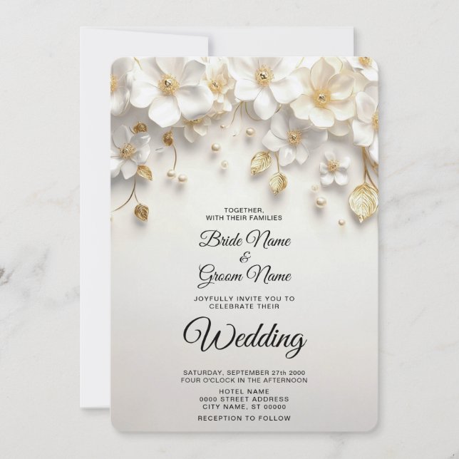 Invitation Ivory White Floral Feuille or (Devant)