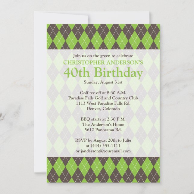 Invitation Jacquard Plaid Brown Golf Golf 0 Anniversaire (Devant)