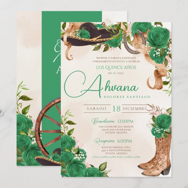 Invitation Jade Green Charro Quinceañera Pays Ouest (Devant / Derrière)