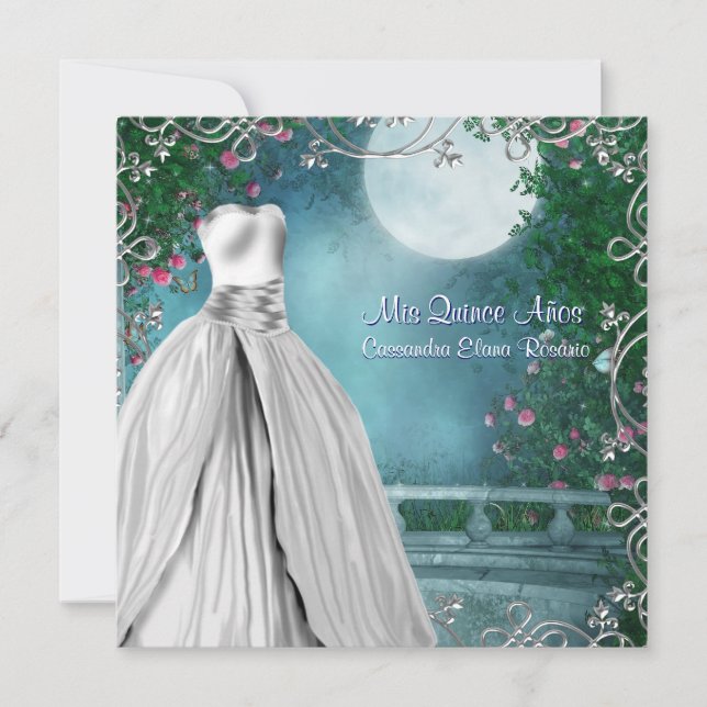 Invitation Jade Green Turquoise bleu rose roses Quinceanera (Devant)