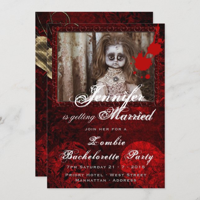 Invitation Jalloween ZOMBIE BRIDE DOLL Bachelorette (Devant / Derrière)