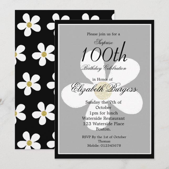 Invitation Jalon Anniversaire noir blanc marguerite or élégan (Devant / Derrière)