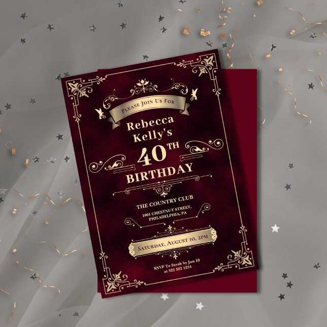 Invitation Jalon d'or de Bourgogne glamour âge Anniversaire (Glamorous Burgundy Gold Milestone Age Birthday Invitation)