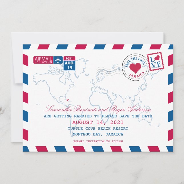 Invitation Jamaïque Mariage AirMail Save the Date (Devant)