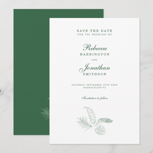 Invitation Jambe Tropicale Vert Mariage Minimal Enregistrer L (Devant / Derrière)