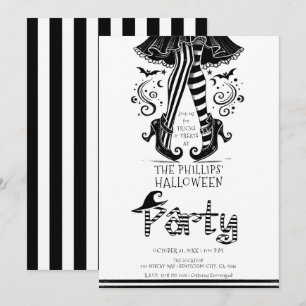 Invitation Jambes de sorcière noir et blanc Fête d'Halloween 