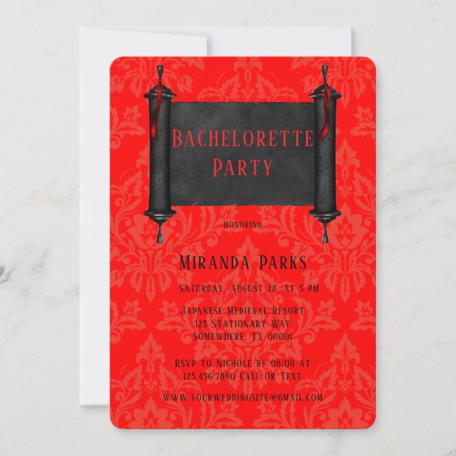 Invitation Japan Soll Rouge Noir Damask Bachelorette Party (Devant)