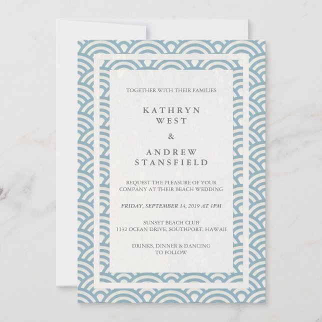 Invitation Japonais Seigaiha Vave Elégant Mariage Plage (Devant)