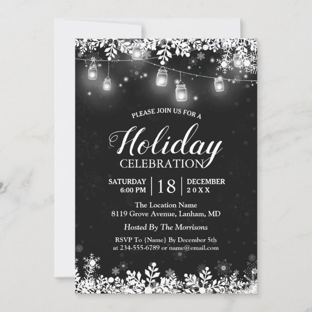 Invitation Jar Mason Blanc Lights Snowflakes Noël (Devant)