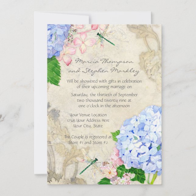 Invitation Jardin anglais, bleu et rose Hydrangeas aquarelle (Devant)