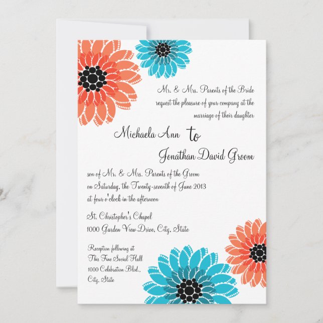 Invitation Jardin artistique corail et Mariage bleu (Devant)