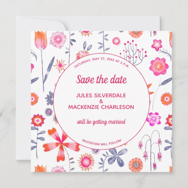 Invitation Jardin aux fleurs roses modernes Sauvez la date (Devant)