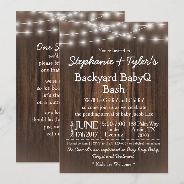 Invitation Jardin BabyQ Lumières  en bois Baby shower rustiqu (Devant / Derrière)