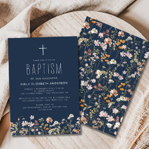 Invitation Jardin Baptême Fleur sauvage Bleu De La Marine En 
