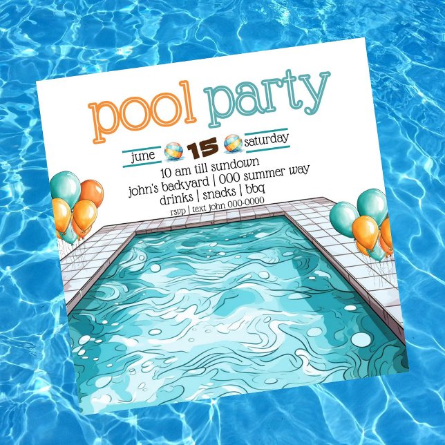 Invitation Jardin barbecue et pool party en Aqua Blue | Orang (Fun and colorful pool party customizable invitation with aqua and orange balloons. )