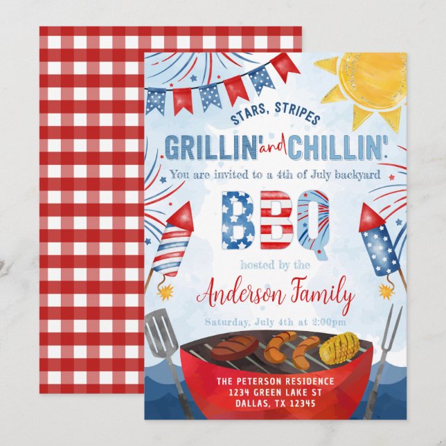Invitation Jardin BBQ blanc rouge et bleu 4 juillet (Devant / Derrière)
