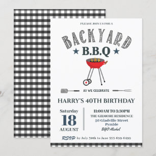 Invitation Jardin BBQ Homme Anniversaire Noir En vichy 