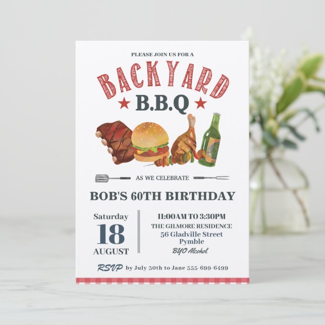Invitation Jardin BBQ Homme Anniversaire Rouge En vichy Artis (Debout devant)